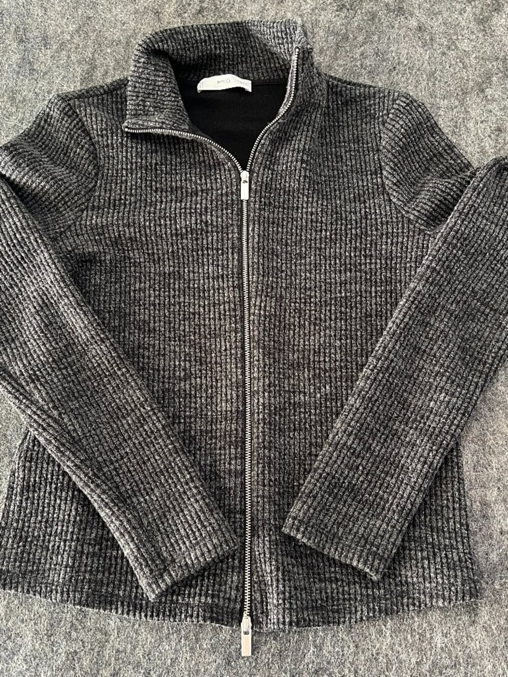 MNG Mango Outlet Size Large Knitted ribbed jacket sweater Dark Gray Full Zip
